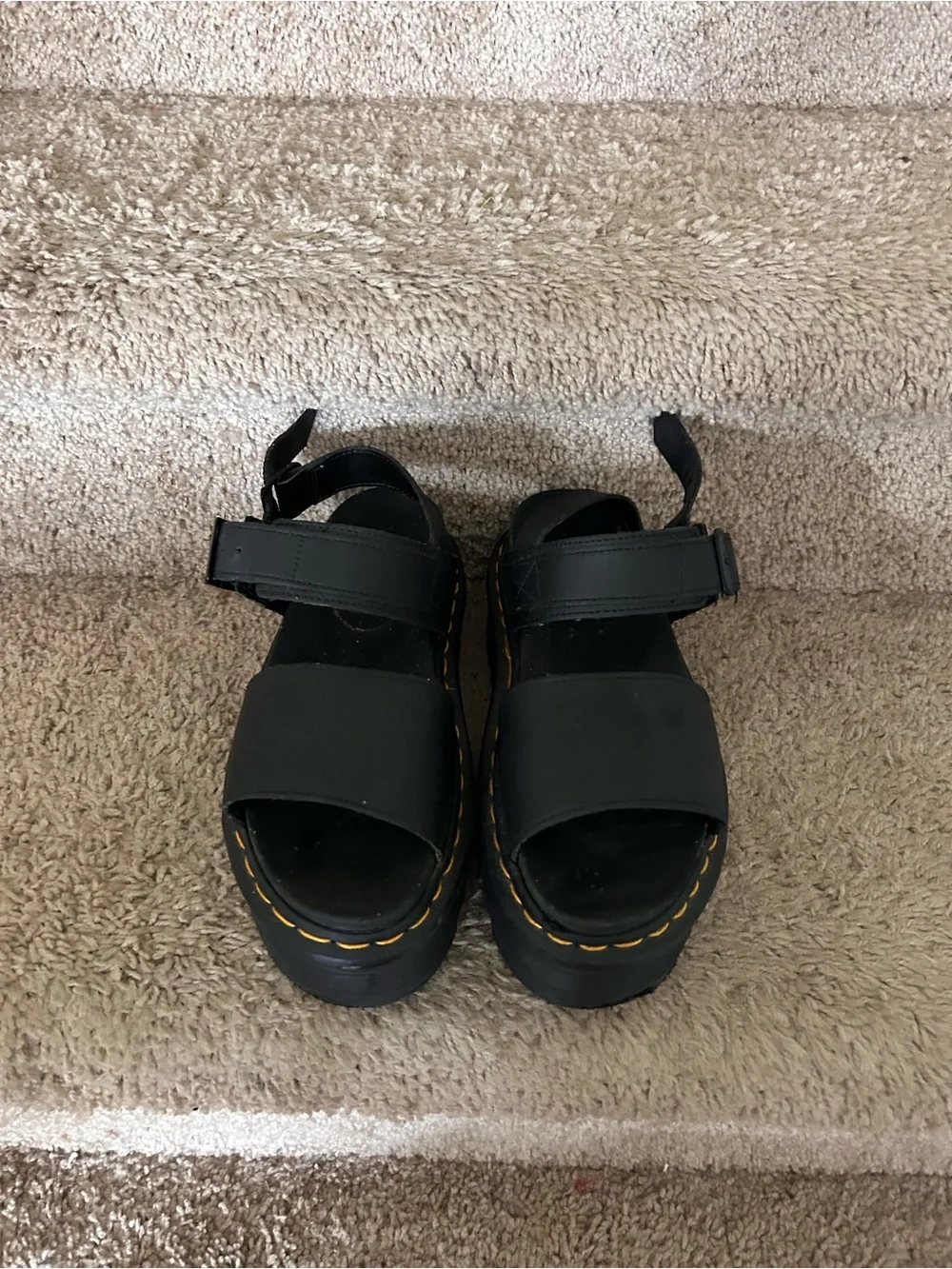 Dr. Martens Black Platform Sandals with Yellow Stitching